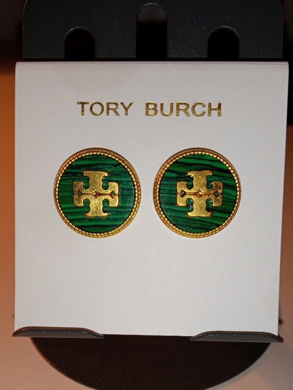 Tory Burch Green Enamel and Gold Logo Round Stud Earrings
